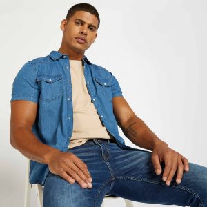 Max Fashions Denim Shirt with Buttoned Flap Pockets and Short Sleeves