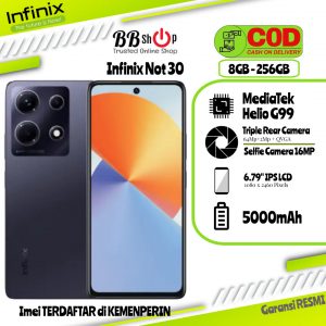 Infinix Note 30 NFC 8GB+256GB Garansi Resmi 1 tahun, Tipe Layar IPS LCD, Ukuran 6.78 inci, Chipset Mediatek Helio G99, Kamera Utama Triple 64MP+8MP+QVGA, Kamera Selfie Single 16MP, Baterai Tipe Li-Po 5000 mAh, non- dapat dilepas